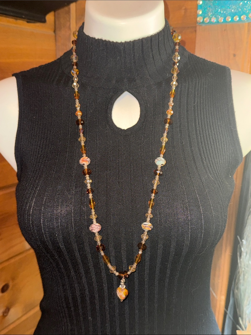 Handmade Amber and Multicolor Bead Long Necklace - Unbranded